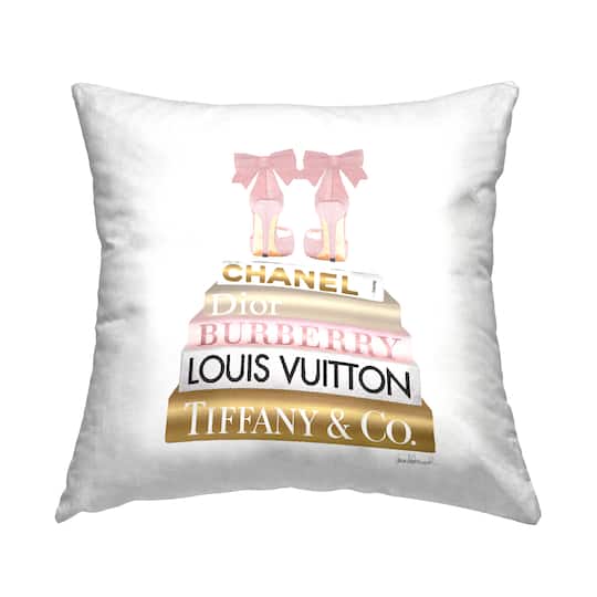 Stupell Industries Pink Gold Heels Bookstack Glam Fashion Design Throw Pillow 18" x 18"